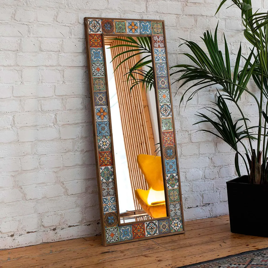 Large Ceramic Tile Mirror: Walnut Wood Frame, Ethnic Wall Decor
