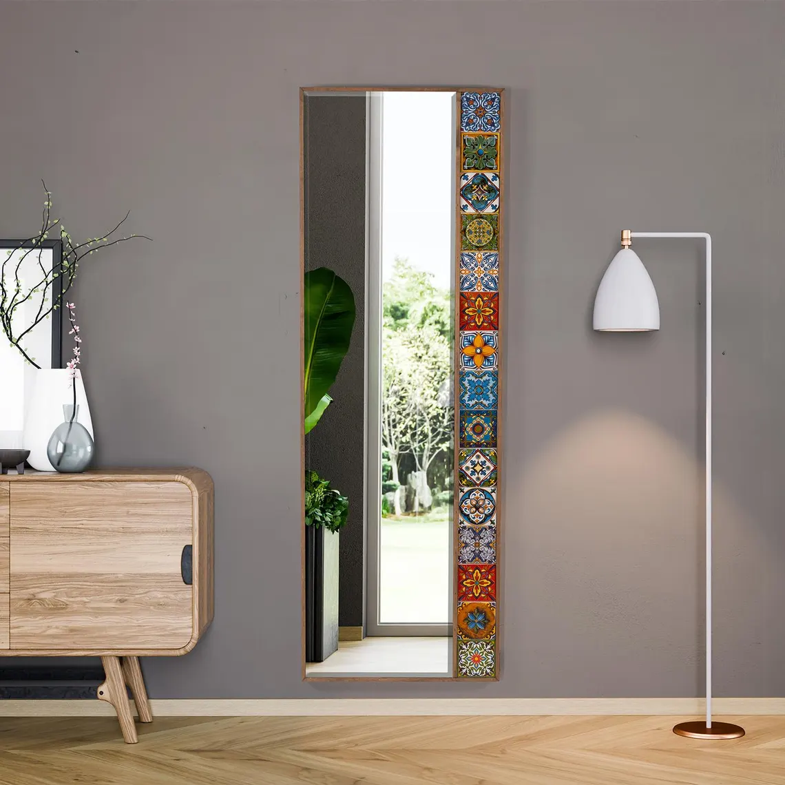 Large Ceramic Tile Mirror: Walnut Wood Frame, Ethnic Wall Decor - Image 4