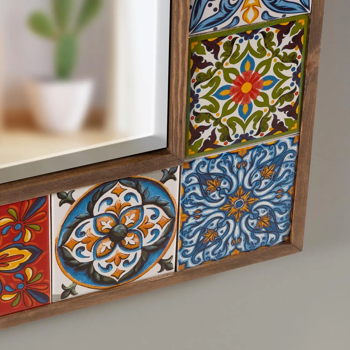 Large Ceramic Tile Mirror: Walnut Wood Frame, Ethnic Wall Decor - Image 3