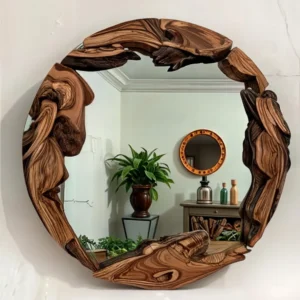 Olive Wood Round Decorative Mirror, Live Edge Wood Wall Mirror, Wooden Frame Round Mirror for Wall Decor, Natural Modern Large Mirror