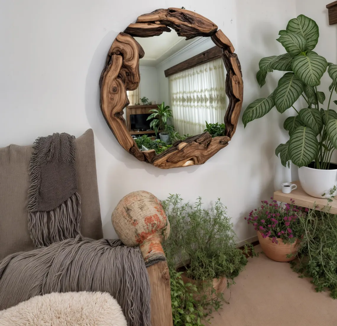 Olive Wood Round Decorative Mirror, Live Edge Wood Wall Mirror, Wooden Frame Round Mirror for Wall Decor, Natural Modern Large Mirror - Image 4
