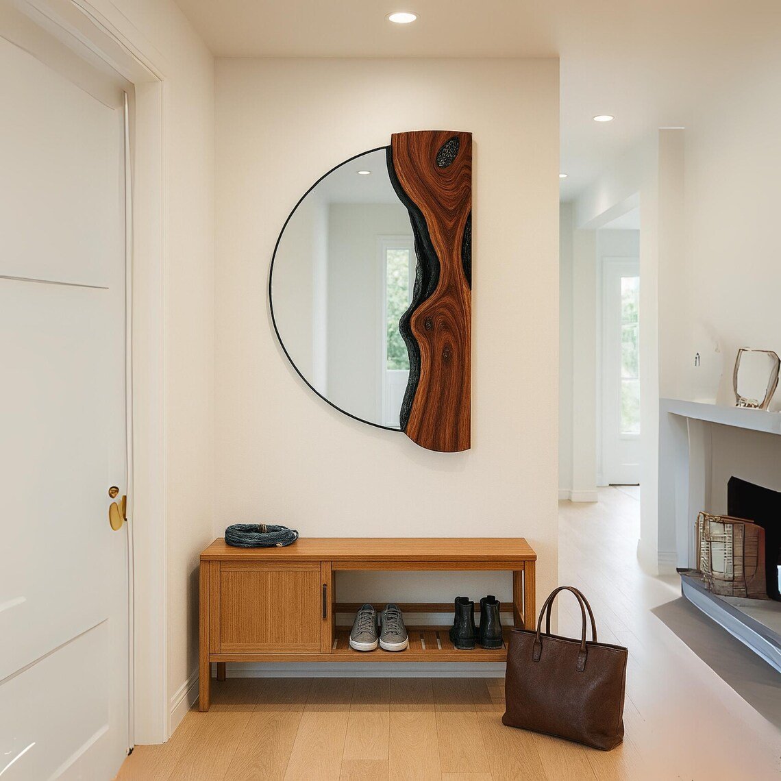 Live Edge Olive Wood Round Wall Mirror, Handmade Rustic Half Wood Mirror With Organic Frame For Entryway, Olive Wood Living Room Decor - Image 5