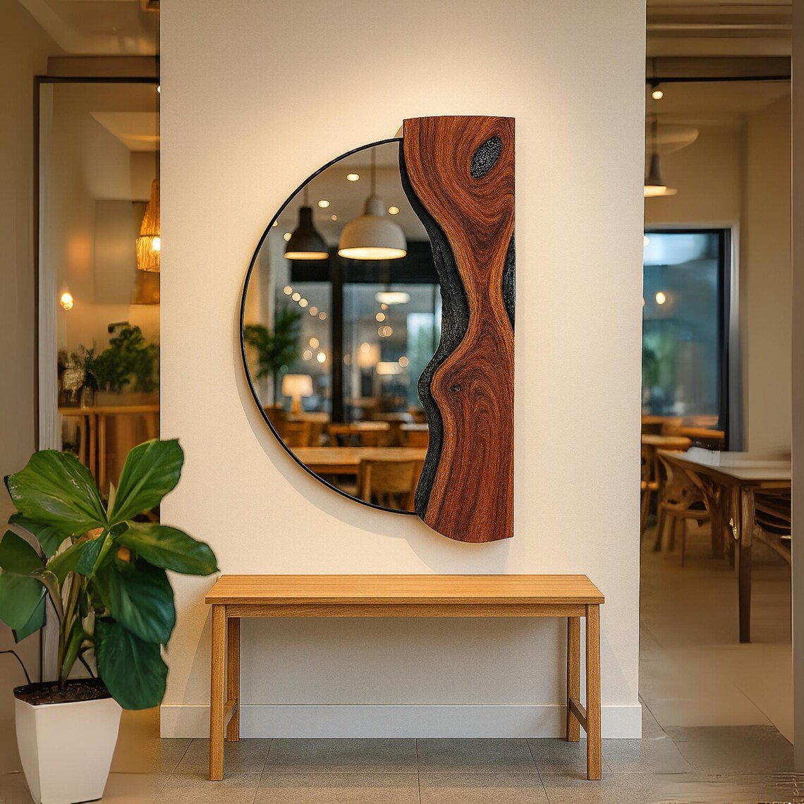 Live Edge Olive Wood Round Wall Mirror, Handmade Rustic Half Wood Mirror With Organic Frame For Entryway, Olive Wood Living Room Decor - Image 3