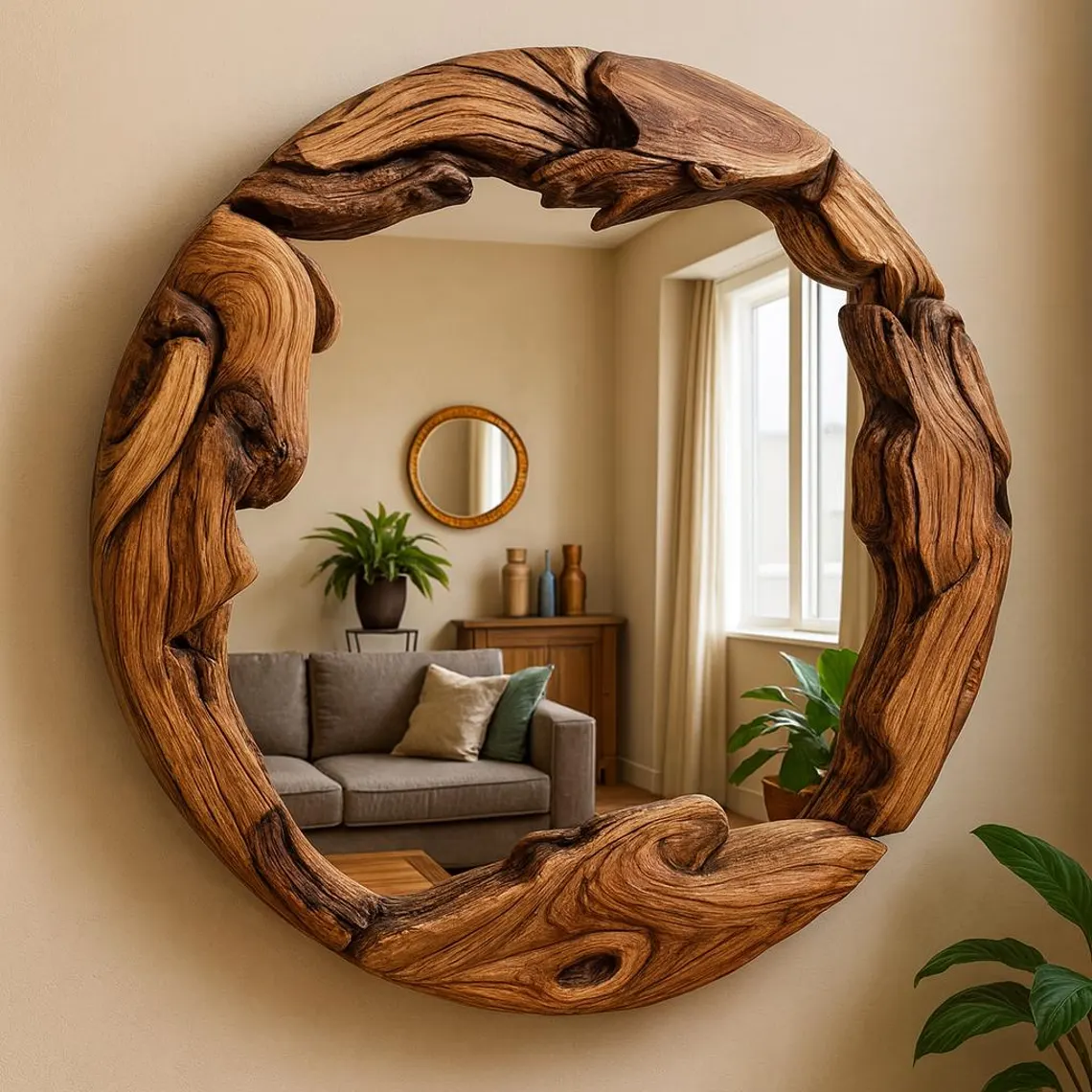 Olive Wood Round Decorative Mirror, Live Edge Wood Wall Mirror, Wooden Frame Round Mirror for Wall Decor, Natural Modern Large Mirror - Image 2