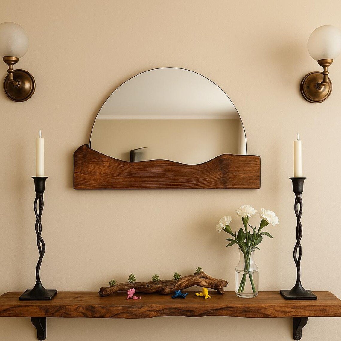 Live Edge Olive Wood Round Wall Mirror, Handmade Rustic Half Wood Mirror With Organic Frame For Entryway, Olive Wood Living Room Decor - Image 2