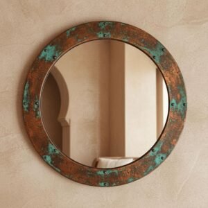Oxidized Copper Round Mirror – Rustic Green Patina Wall Decor Vanity
