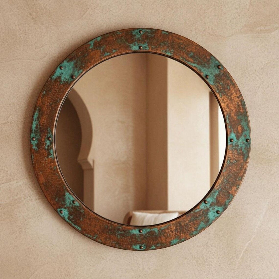 Oxidized Copper Round Mirror – Rustic Green Patina Wall Decor Vanity