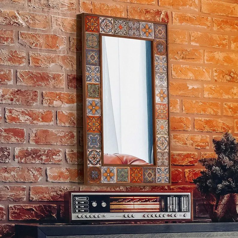 Large Ceramic Tile Mirror: Walnut Wood Frame, Ethnic Wall Decor - Image 5